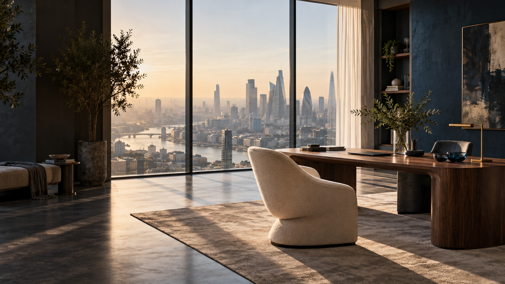 Illustrative contemporary office overlooking a city